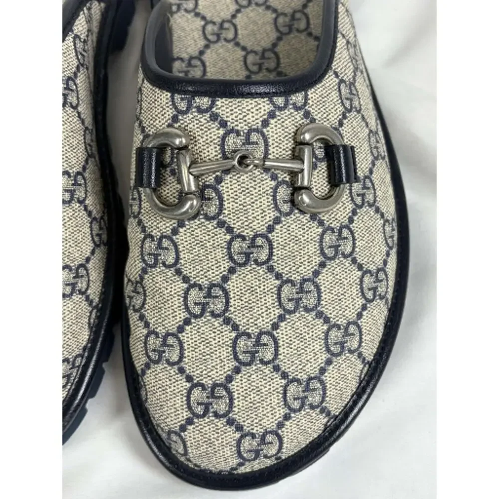 GUCCI Mule Slippers GG Navy Monogram & Silver tone Horsebit Size 5 SPB JA-368398